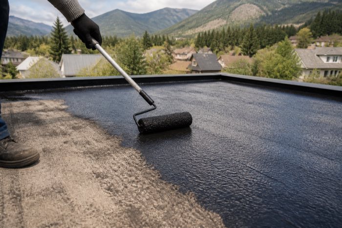 Waterproof coating being applied to a low slope roof